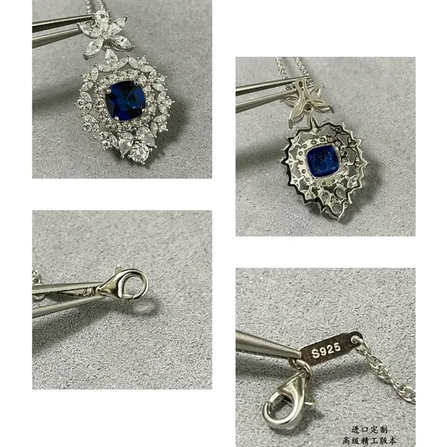 Floral Motif Cushion-Cut Blue Gemstone Halo Pendant Necklace 4