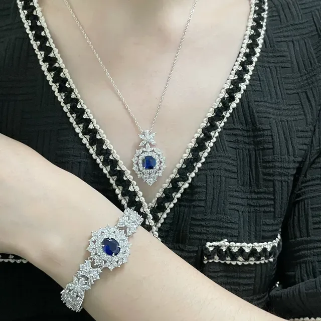 Floral Motif Cushion-Cut Blue Gemstone Halo Pendant Necklace 8