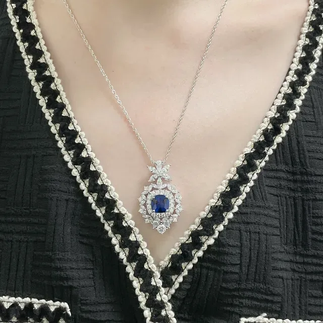 Floral Motif Cushion-Cut Blue Gemstone Halo Pendant Necklace 9