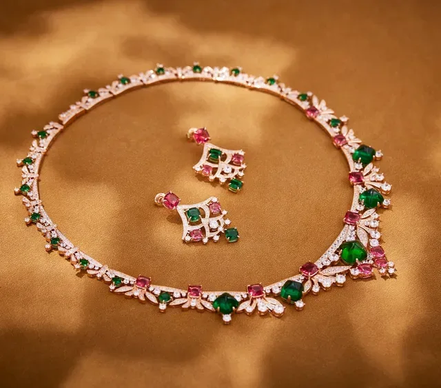 Floral Motif Emerald Ruby Diamond Collar Necklace 2