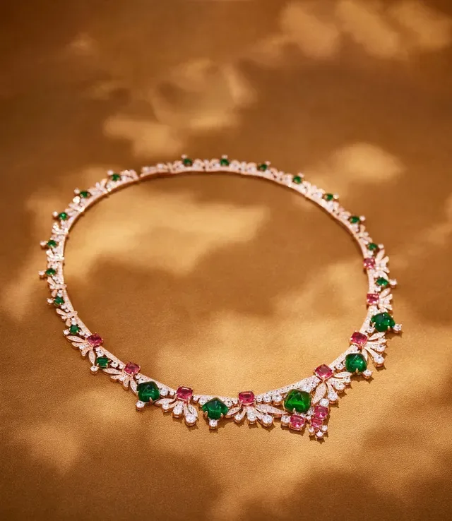 Floral Motif Emerald Ruby Diamond Collar Necklace 5