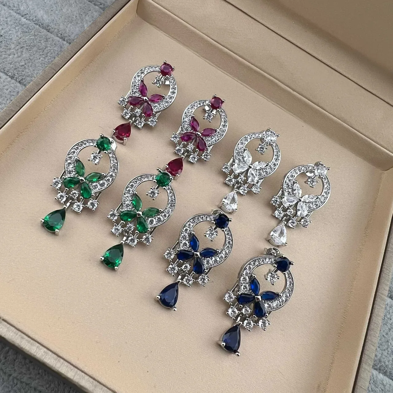 Floral Motif Halo-Set Multi-Gemstone Teardrop Drop Earrings 1