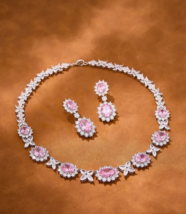 Floral Motif Oval Pink Gemstone Choker Necklace 6