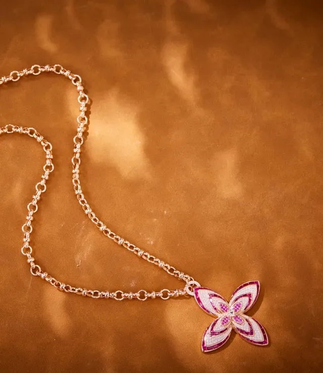 Floral Pavé Pink and White Gemstone Rose Gold Necklace 2