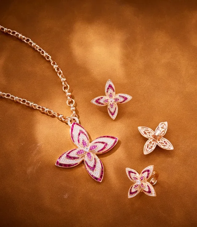Floral Pavé Pink and White Gemstone Rose Gold Necklace 3