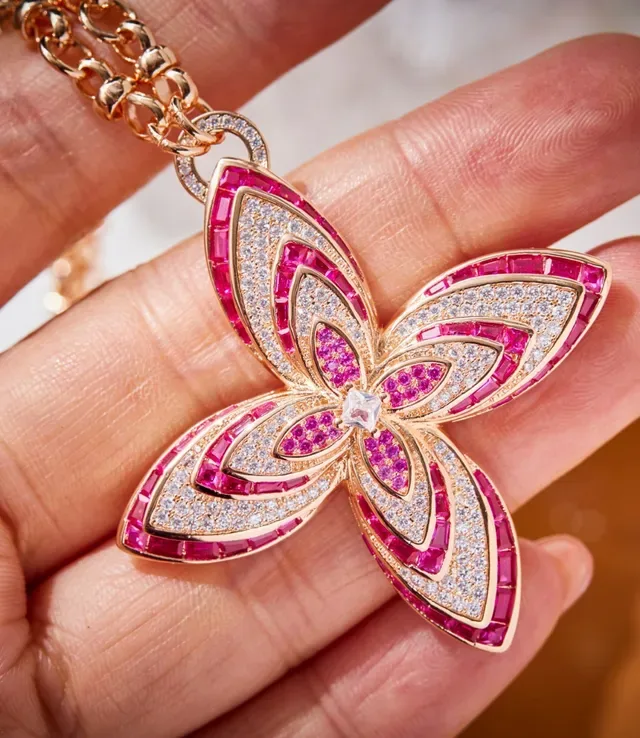 Floral Pavé Pink and White Gemstone Rose Gold Necklace 4