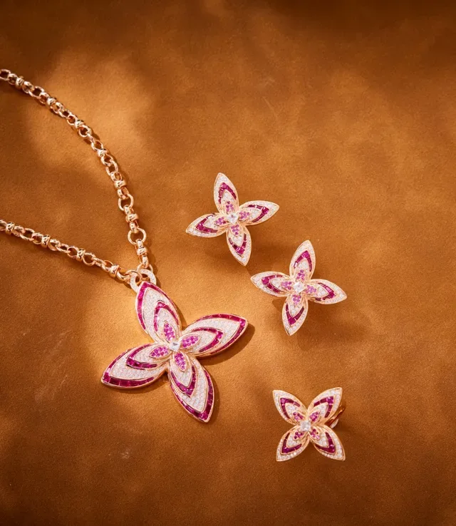 Floral Pavé Pink and White Gemstone Rose Gold Necklace 5