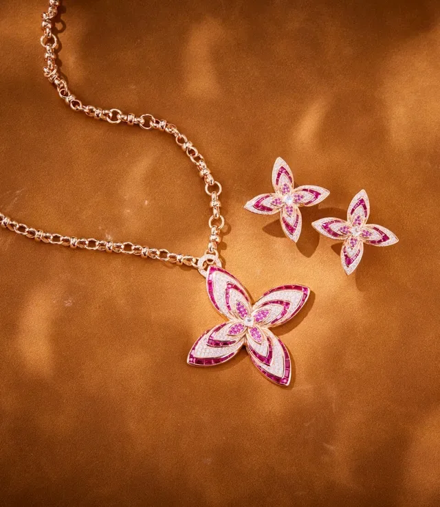 Floral Pavé Pink and White Gemstone Rose Gold Necklace 6