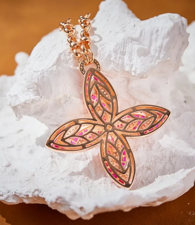 Floral Pavé Pink and White Gemstone Rose Gold Necklace 7