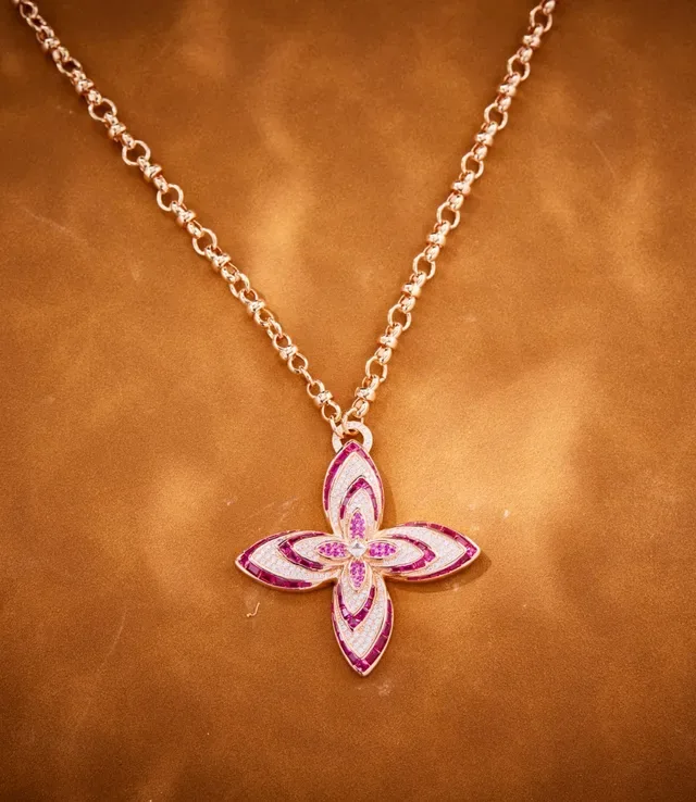 Floral Pavé Pink and White Gemstone Rose Gold Necklace 8