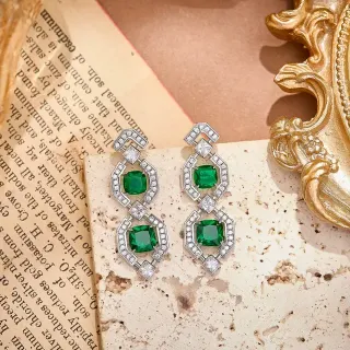 Geometric Linked Emerald-Cut Green Stone and Pavé White Stone Dangling Earrings