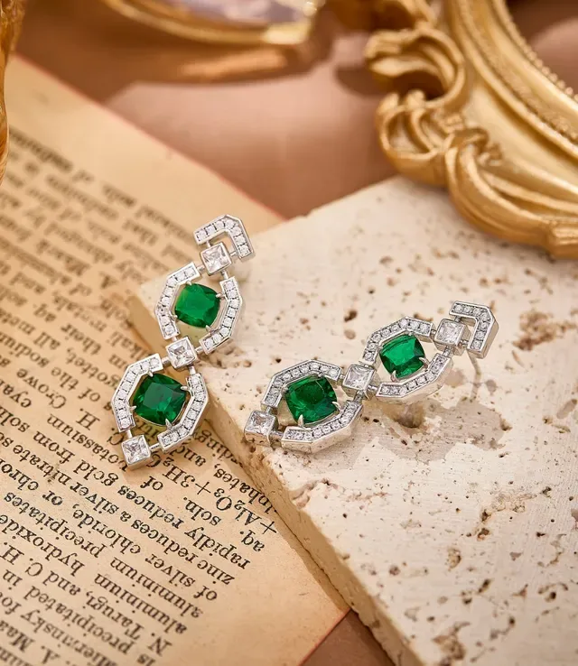 Geometric Linked Emerald-Cut Green Stone and Pavé White Stone Dangling Earrings 2