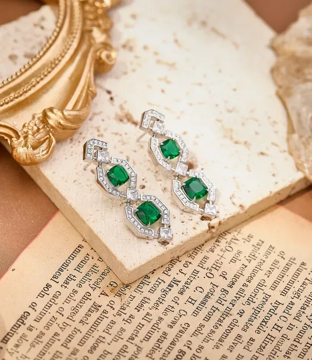 Geometric Linked Emerald-Cut Green Stone and Pavé White Stone Dangling Earrings 3