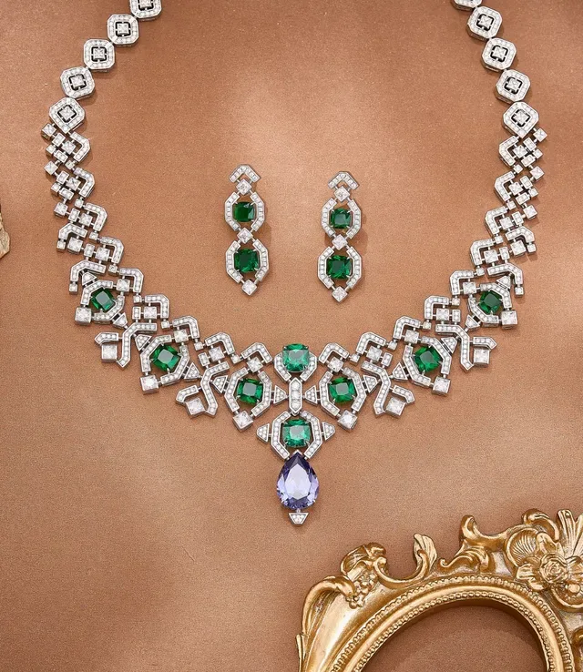 Geometric Linked Emerald-Cut Green Stone and Pavé White Stone Dangling Earrings 4