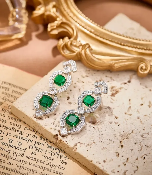 Geometric Linked Emerald-Cut Green Stone and Pavé White Stone Dangling Earrings 5