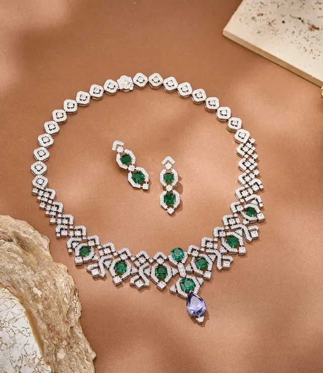 Geometric Linked Emerald-Cut Green Stone and Pavé White Stone Dangling Earrings 6