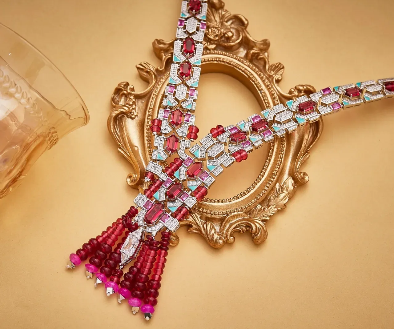 Geometric Pavé-Set Red and Pink Gemstone Tassel Necklace 2