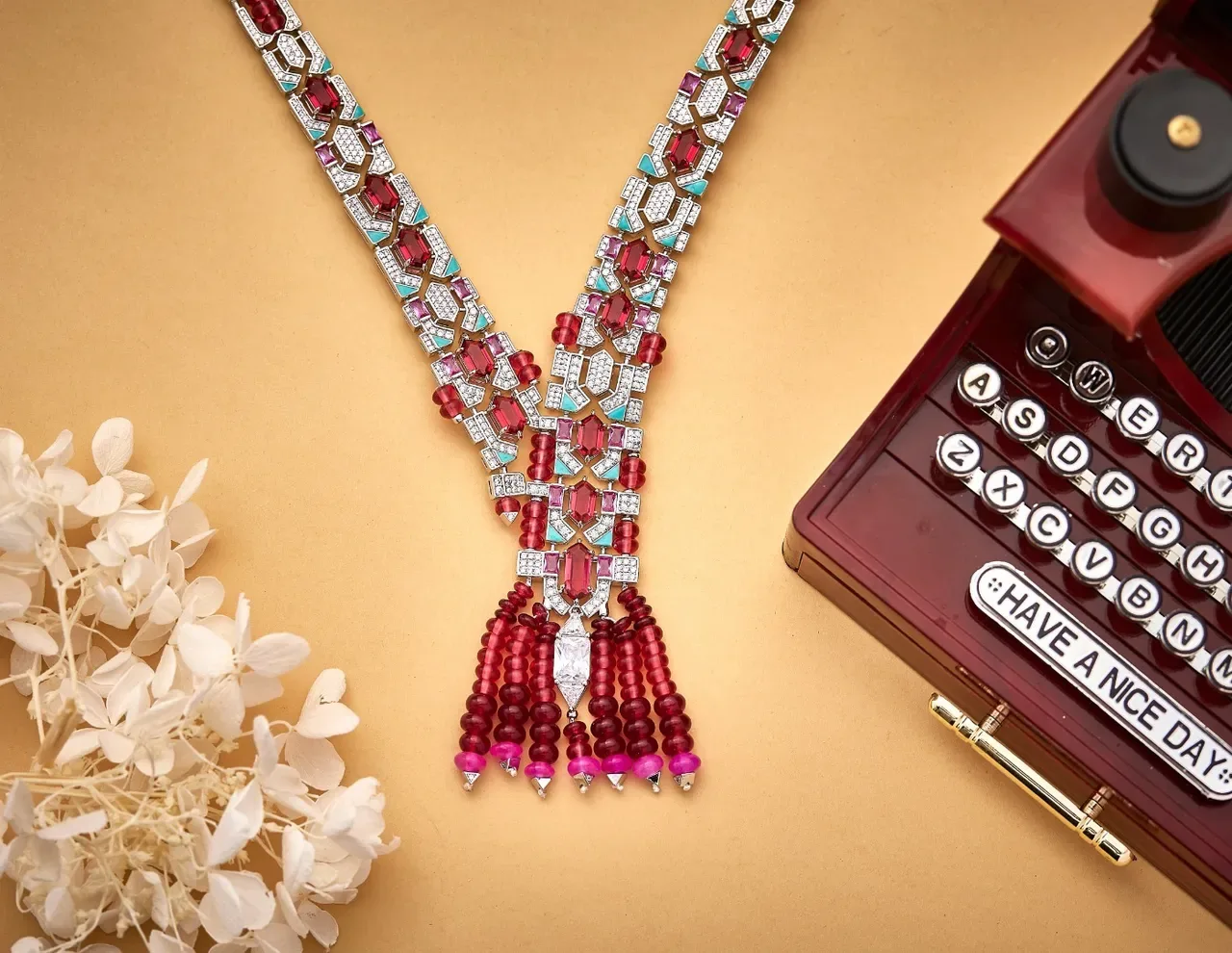 Geometric Pavé-Set Red and Pink Gemstone Tassel Necklace 4