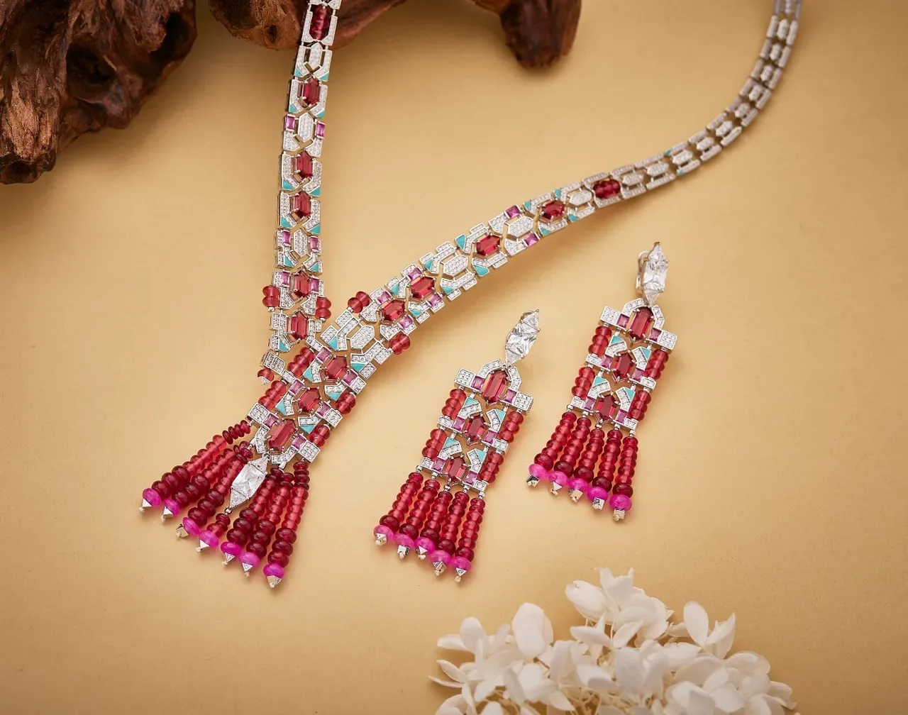 Geometric Pavé-Set Red and Pink Gemstone Tassel Necklace 5