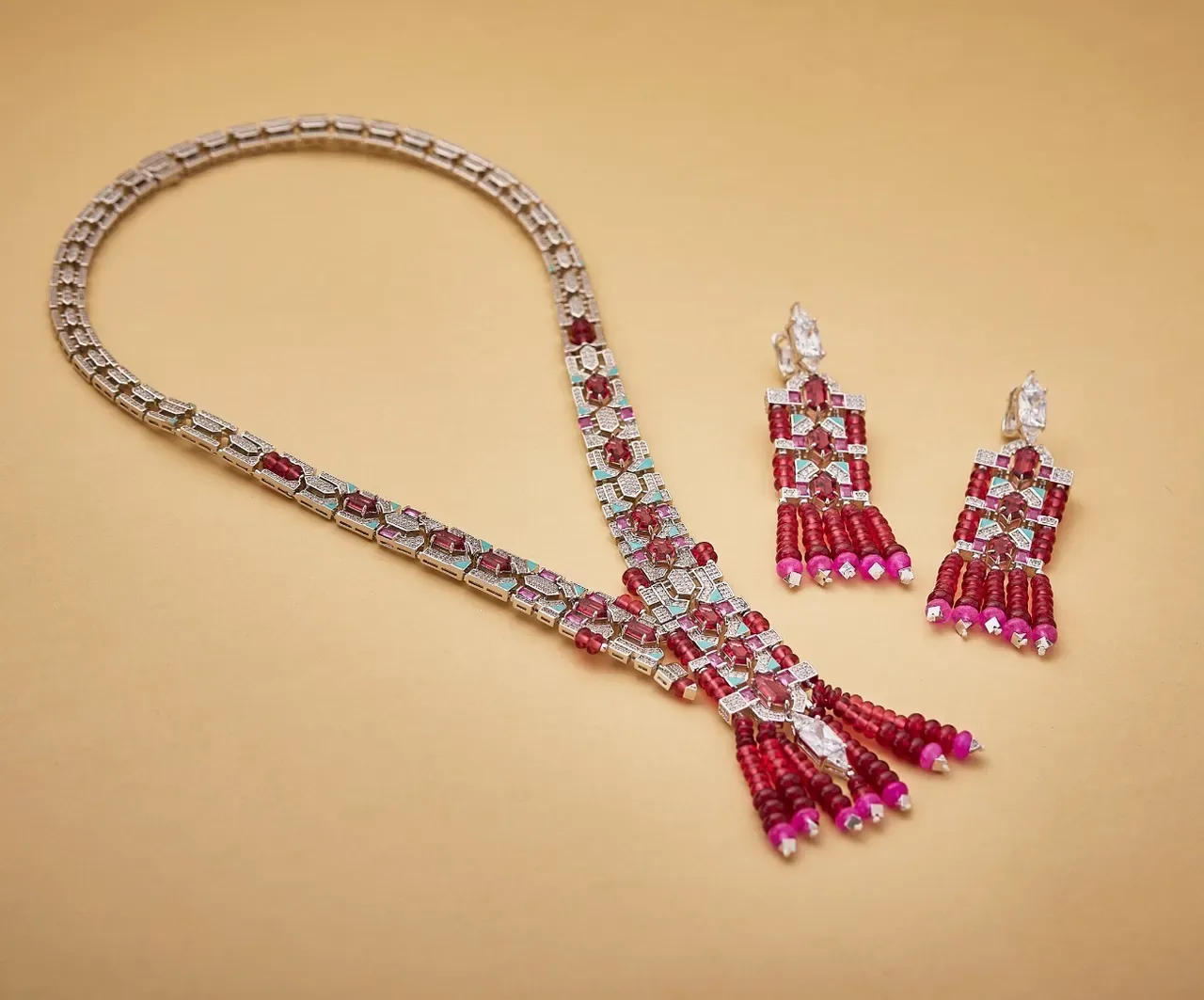 Geometric Pavé-Set Red and Pink Gemstone Tassel Necklace 6