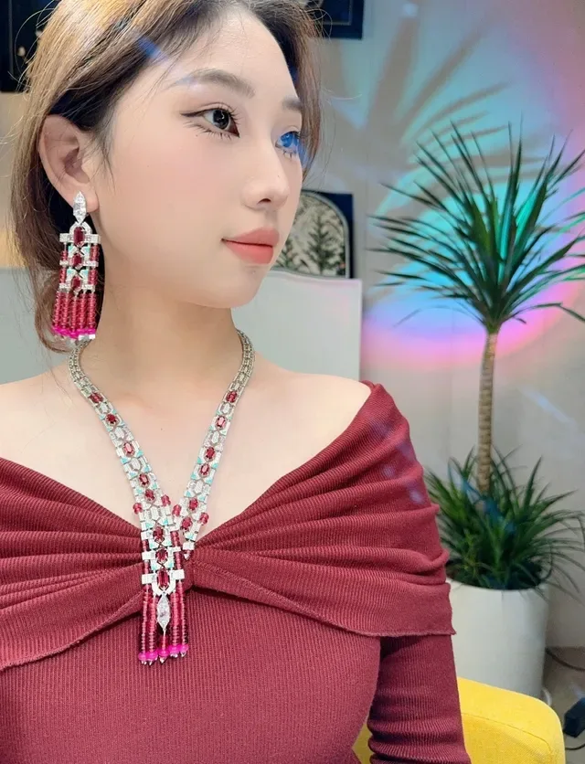 Geometric Pavé-Set Red and Pink Gemstone Tassel Necklace 7