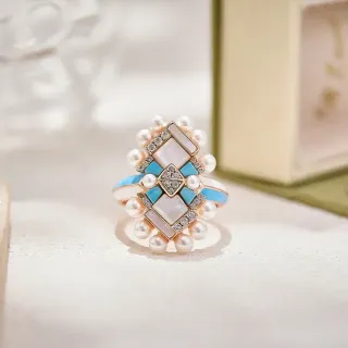 Geometric Pearl and Turquoise Enamel Ring