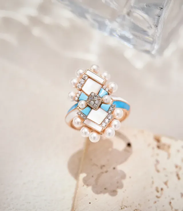 Geometric Pearl and Turquoise Enamel Ring 4