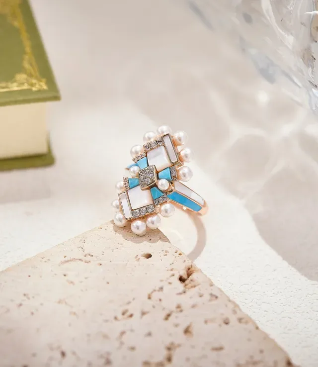 Geometric Pearl and Turquoise Enamel Ring 5