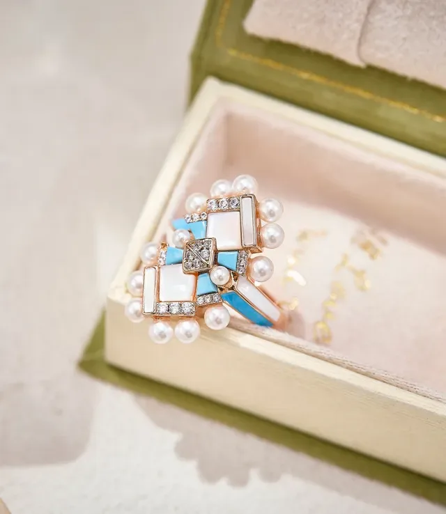 Geometric Pearl and Turquoise Enamel Ring 6