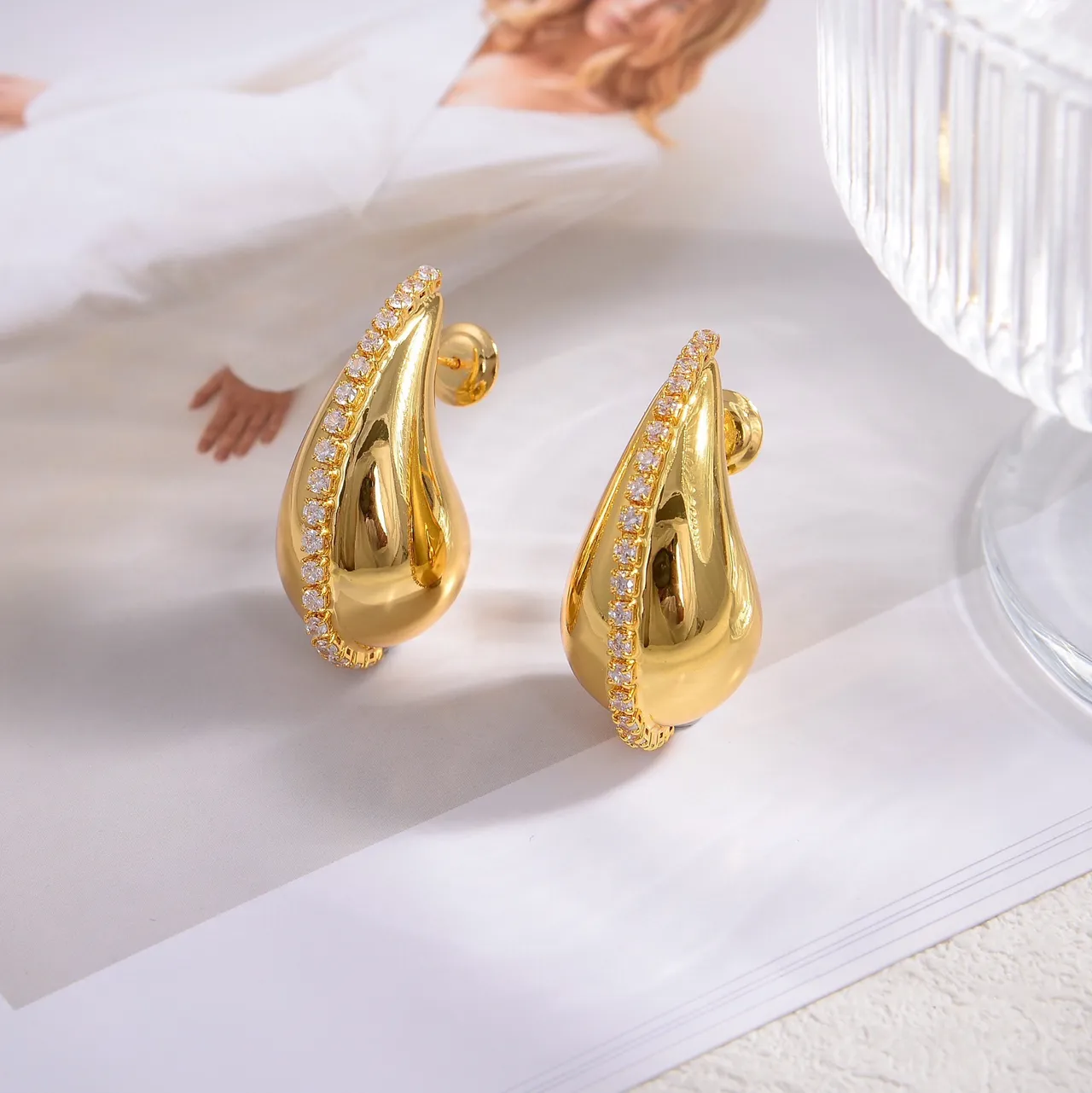 Gold and Silver Teardrop Pavé Stud Earrings 6