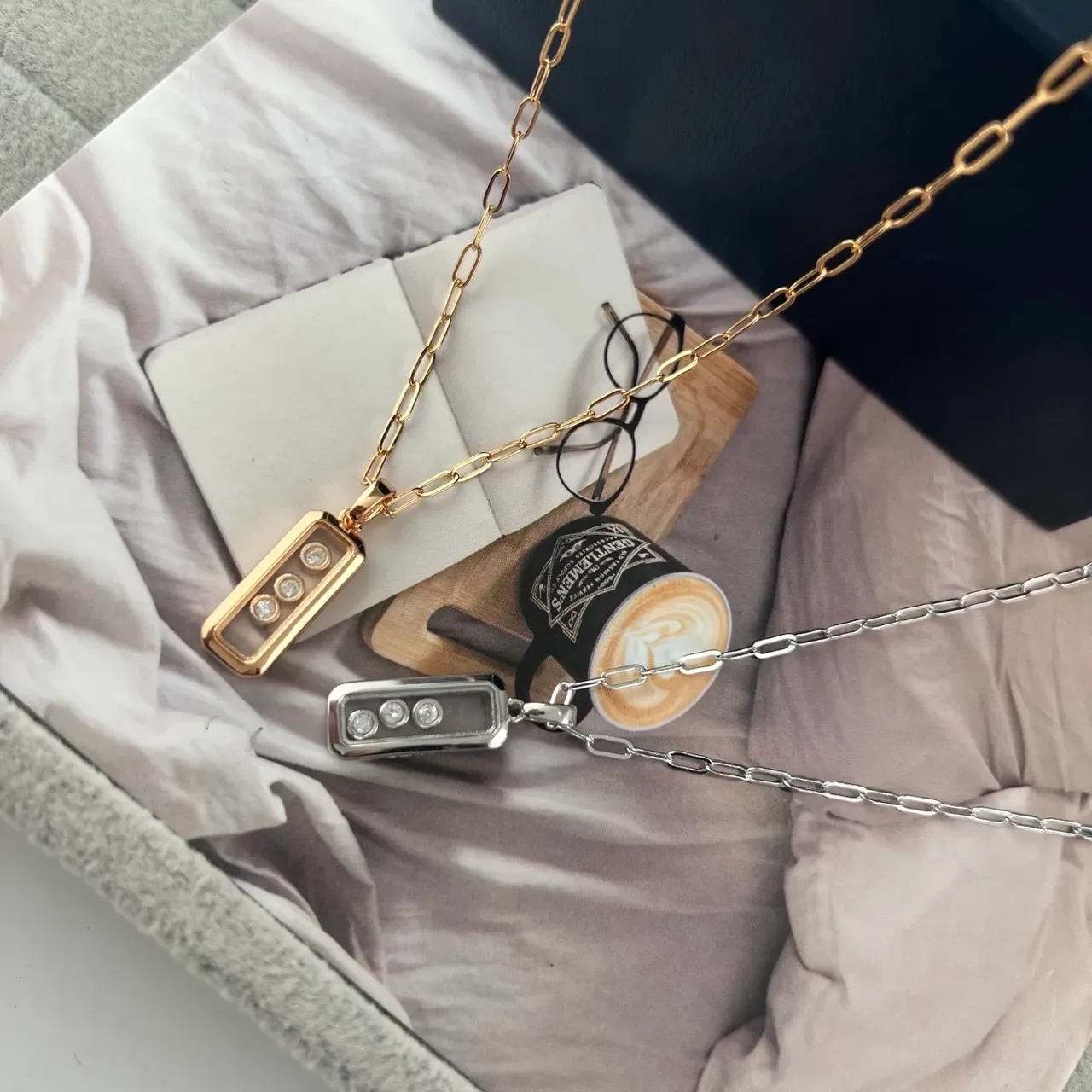 Gold and Silver Tone Rectangular Transparent Case Three-Stone Pendant Necklaces 5