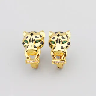 Gold Black Leopard-Head Motif Enamel Spotted Pattern Earrings