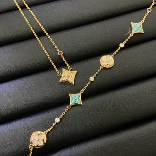 Collar con cadena dorada y azul, pendentifs florales de cuadrifolio