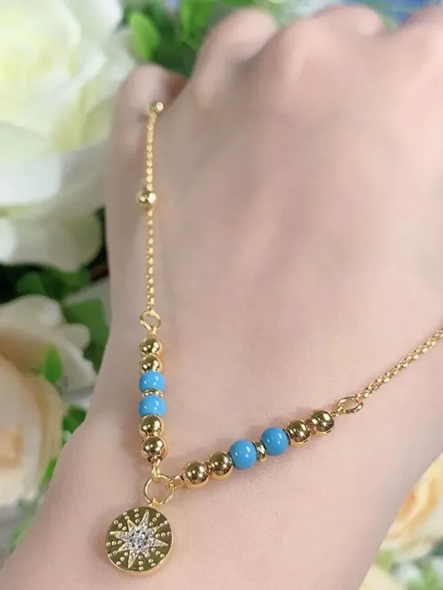 Gold Blue Chain Turquoise Bead Accents Necklace 3
