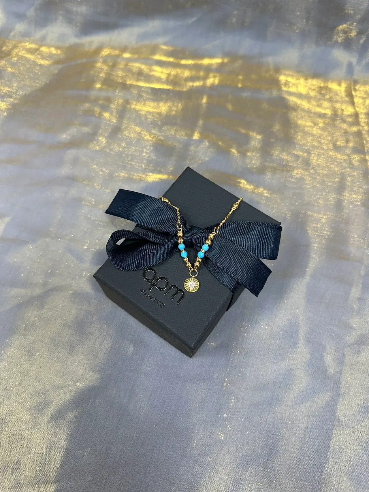 Gold Blue Chain Turquoise Bead Accents Necklace 4