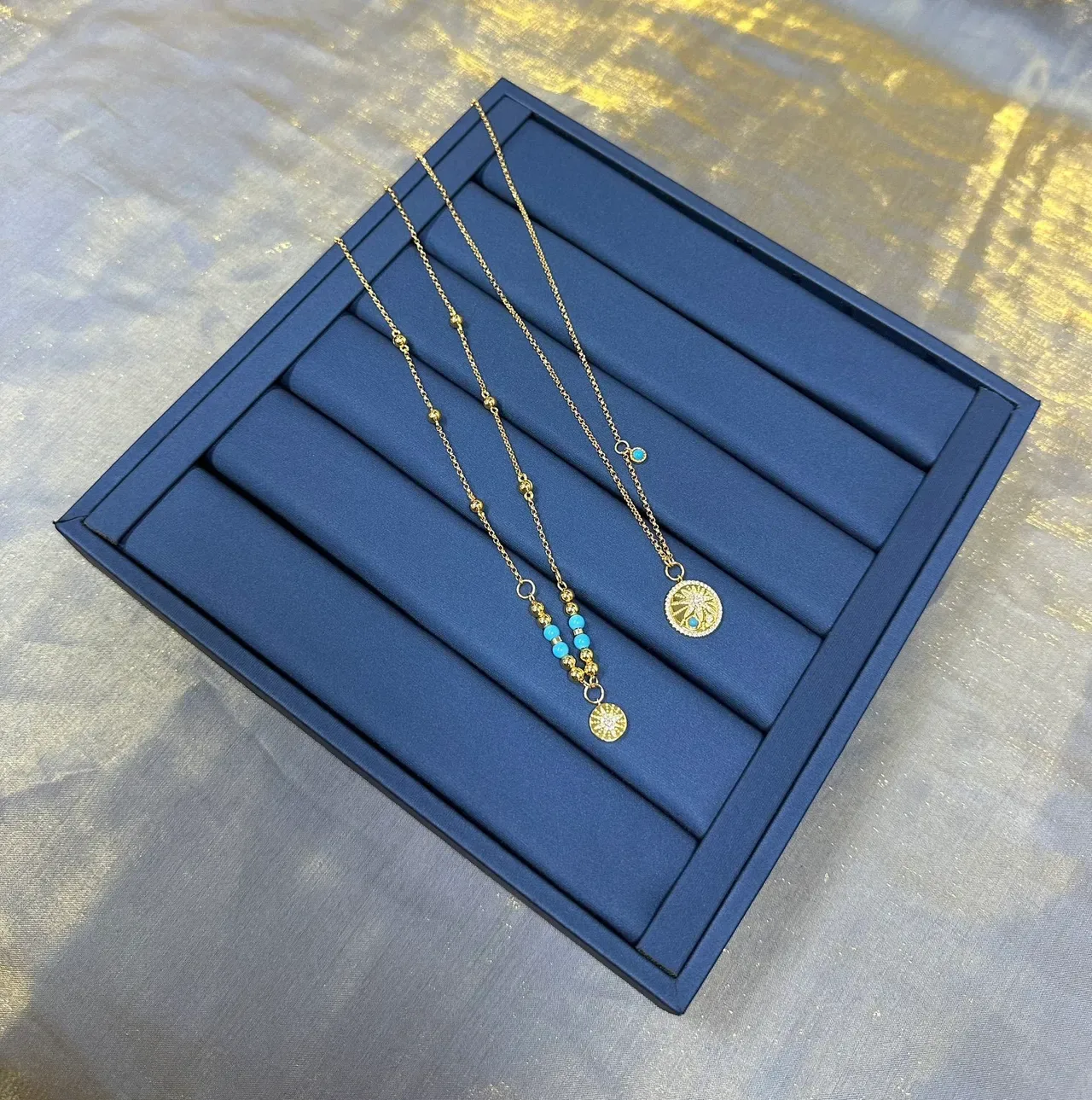Gold Blue Chain Turquoise Bead Accents Necklace 7