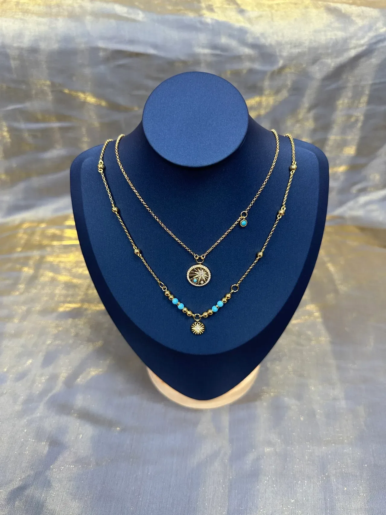 Gold Blue Chain Turquoise Bead Accents Necklace 8
