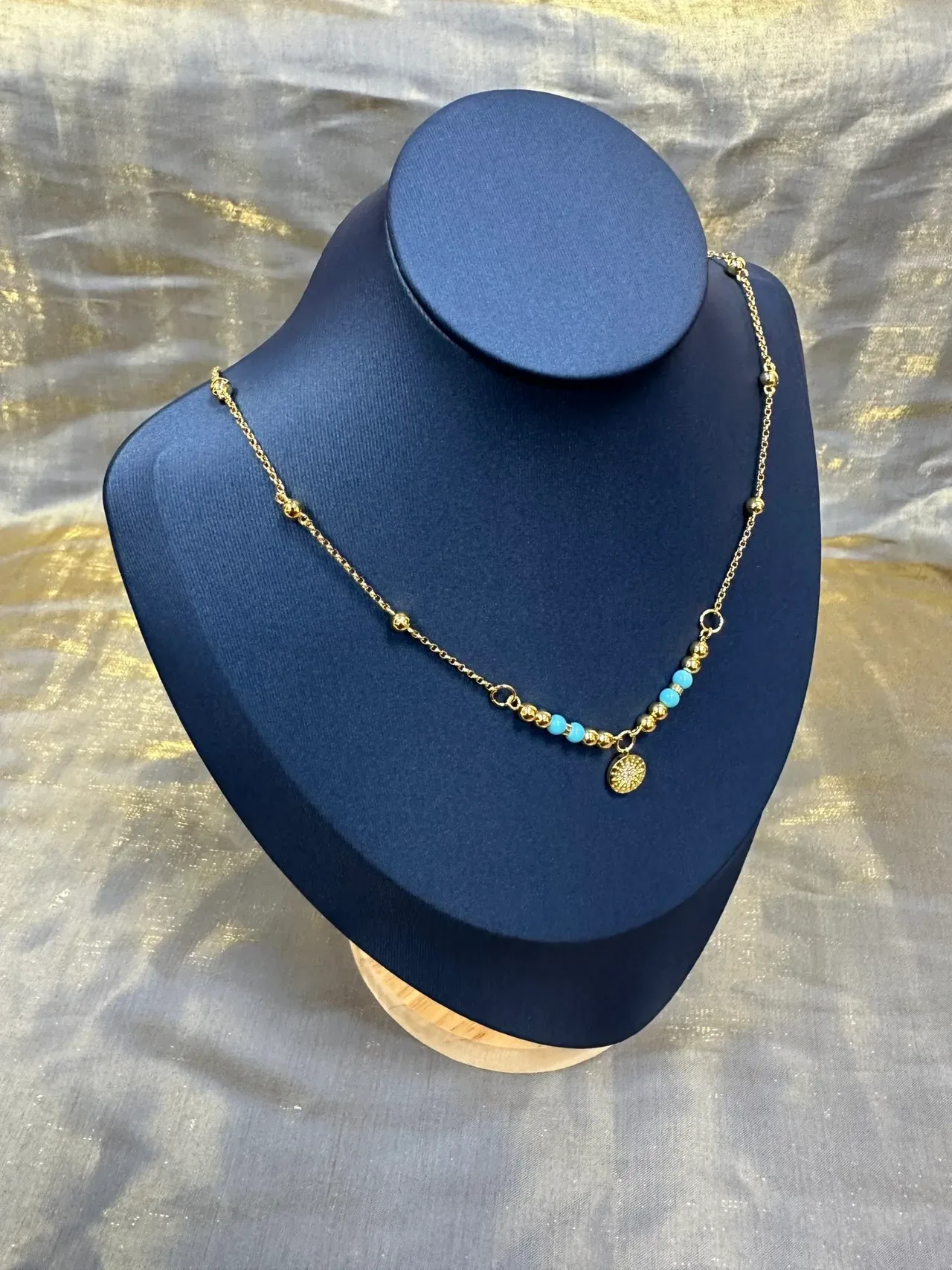 Gold Blue Chain Turquoise Bead Accents Necklace 9