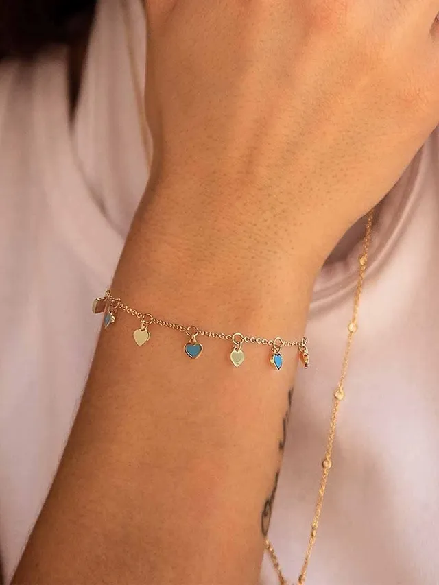 Gold Blue Chain Turquoise Heart Charms Bracelet 4