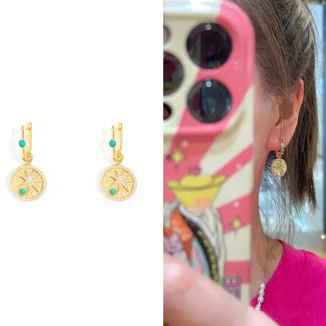 Gold Blue Circular Medallion Earrings 3