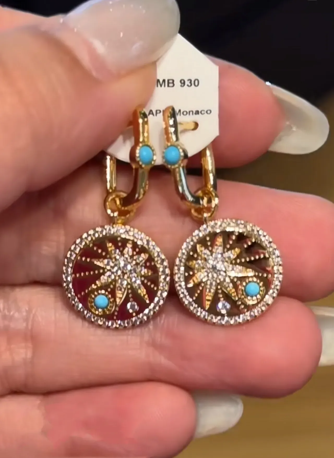 Gold Blue Circular Medallion Earrings 4