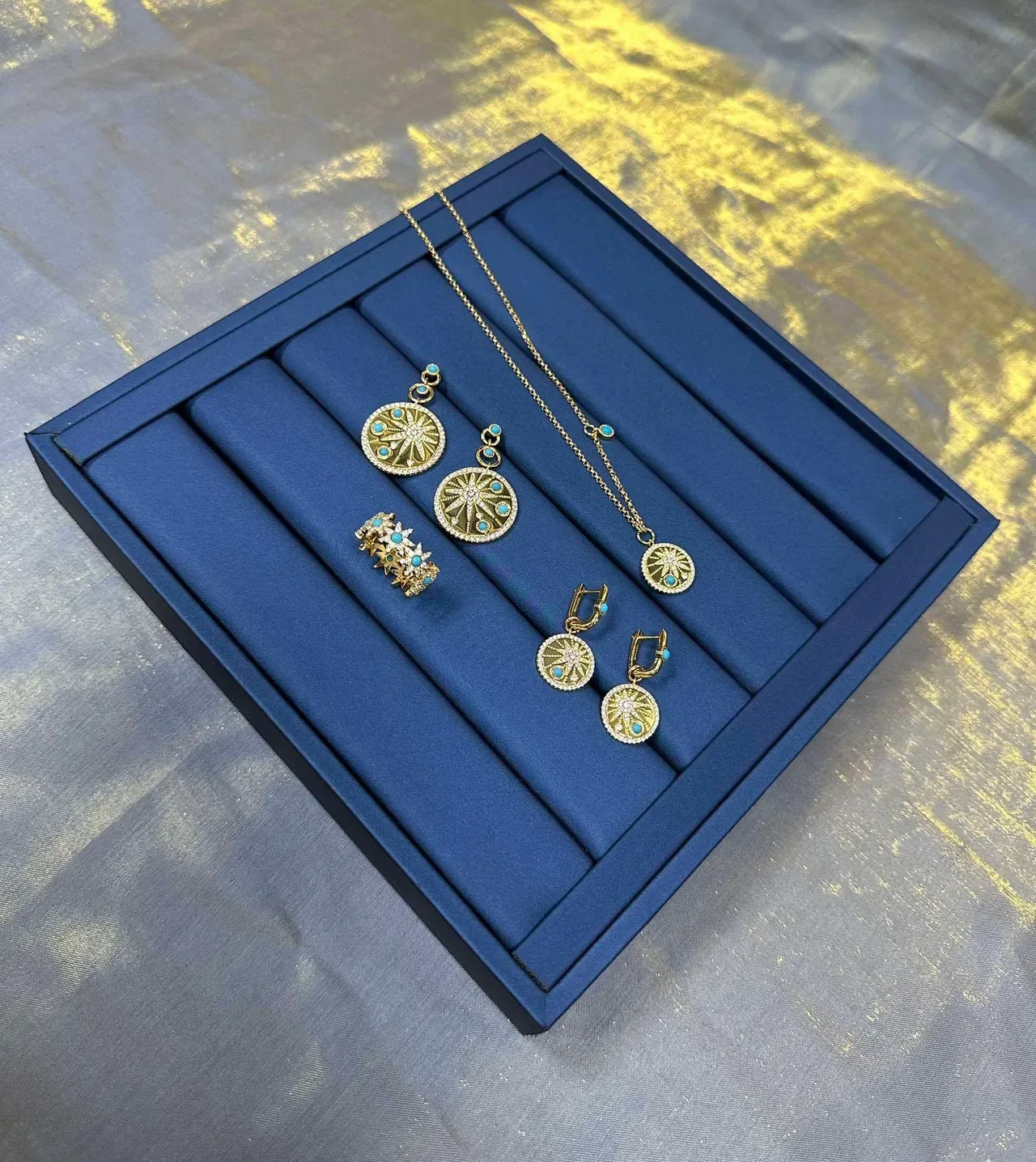 Gold Blue Circular Medallion Earrings 7