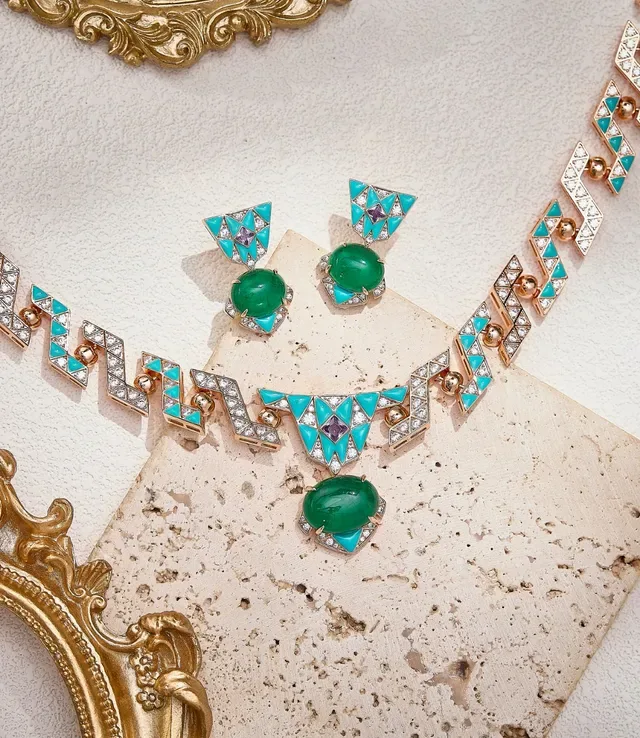 Gold Blue Geometric Link Design Turquoise And Diamond Pavé Inlay Necklace 2