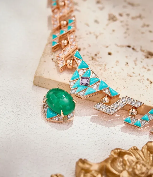 Gold Blue Geometric Link Design Turquoise And Diamond Pavé Inlay Necklace 3