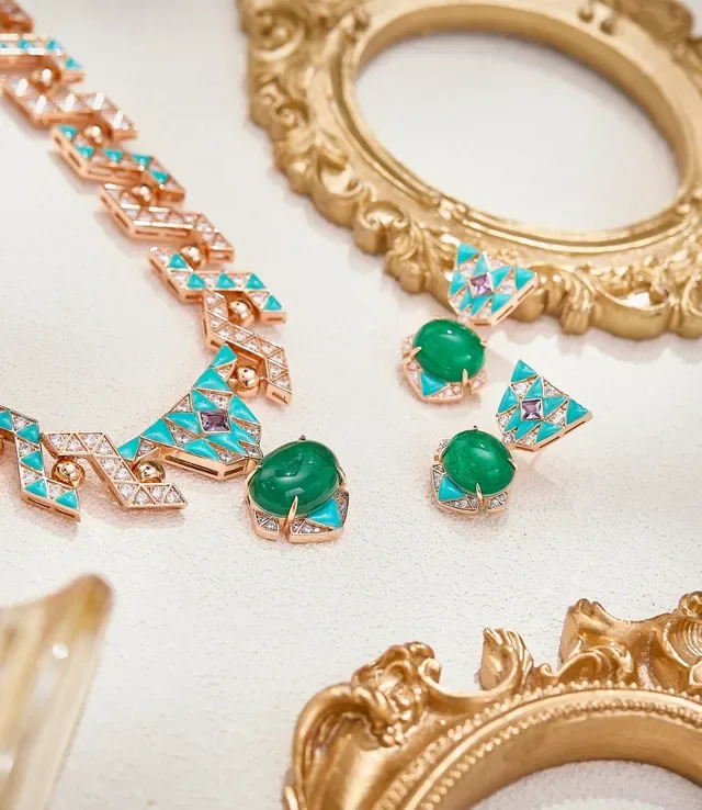Gold Blue Geometric Link Design Turquoise And Diamond Pavé Inlay Necklace 4