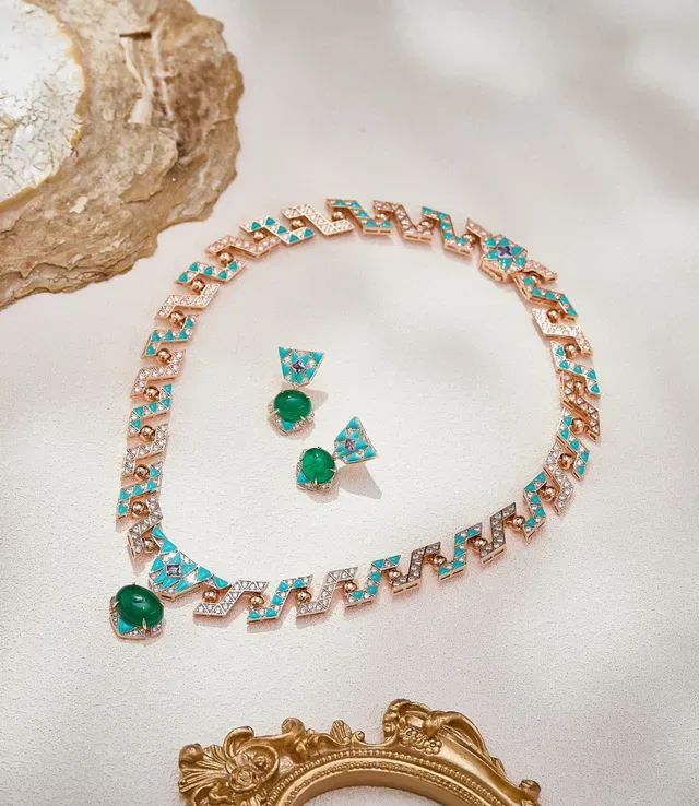 Gold Blue Geometric Link Design Turquoise And Diamond Pavé Inlay Necklace 5