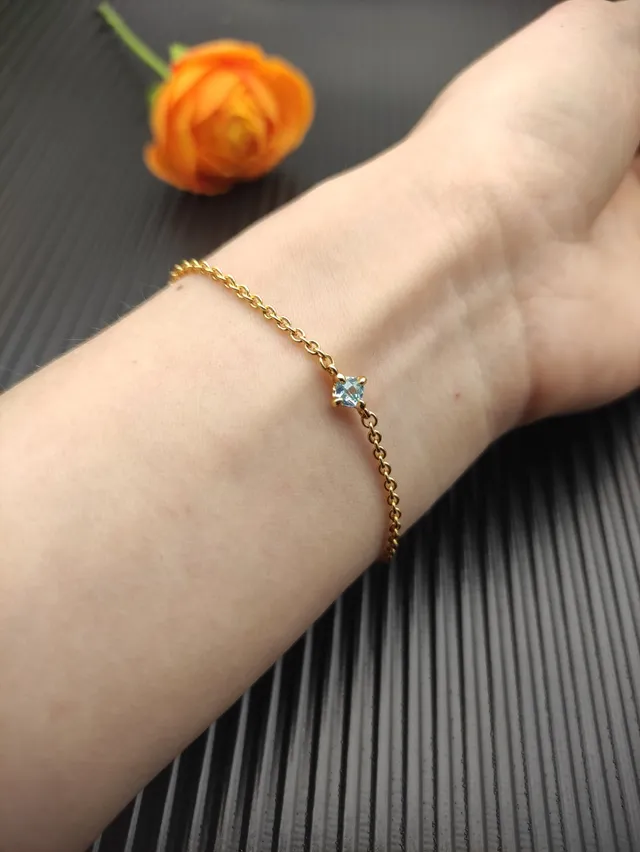 Gold Blue Rope Chain Single Faceted Gemstone Bracelet 7