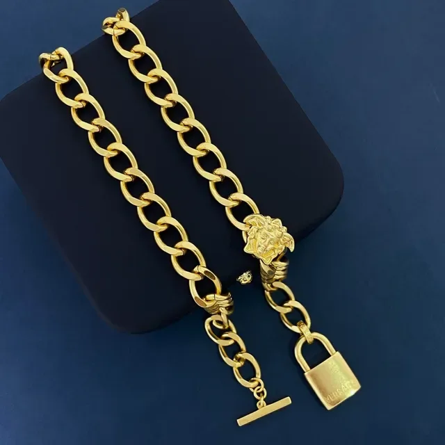 Gold Curb Chain Padlock Clasp Necklace 3