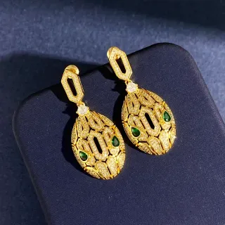 Gold Green Geometric Lattice Pavé-Set Clear Crystals Earrings