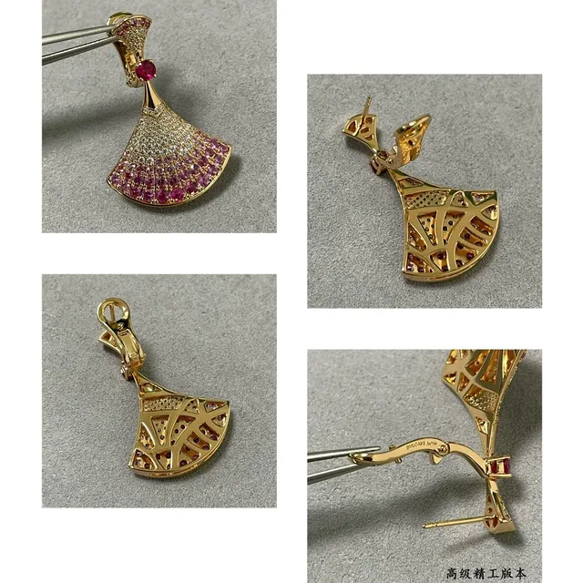 Gold Pink Fan-Shaped Silhouette Pavé-Set Gradient Stones Earrings 2